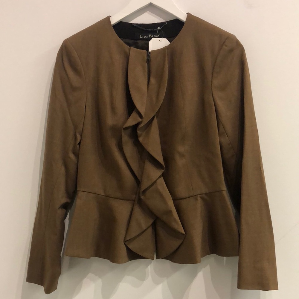 Lida Baday Brown Ruffled-Trim Peplum Zip Jacket